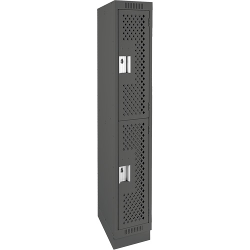 Clean Line Lockers, 2 -tier, 12" x 12" x 76", Steel, Charcoal, Rivet (Assembled), Perforated Auto-Cam