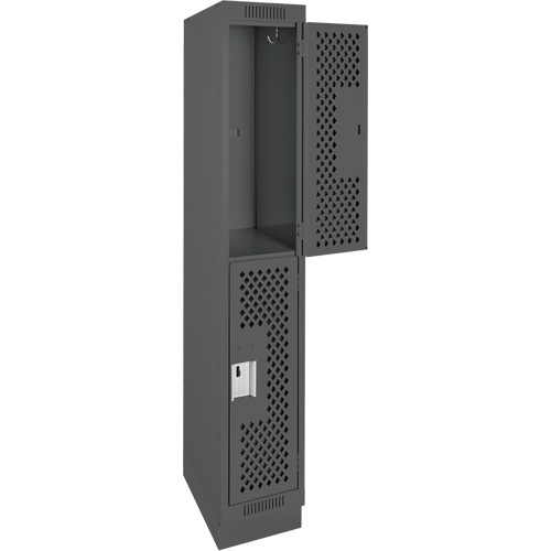 Clean Line Lockers, 2 -tier, 12" x 12" x 76", Steel, Charcoal, Rivet (Assembled), Perforated Auto-Cam