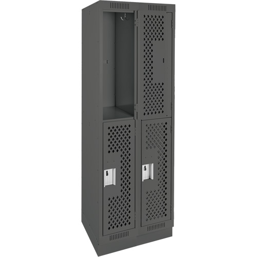 Clean Line Lockers, 2 -tier, Bank of 2, 24" x 12" x 76", Steel, Charcoal, Rivet (Assembled), Perforated Auto-Cam