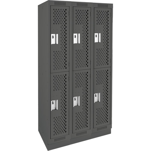 Clean Line Lockers, 2 -tier, Bank of 3, 36" x 12" x 76", Steel, Charcoal, Rivet (Assembled), Perforated Auto-Cam