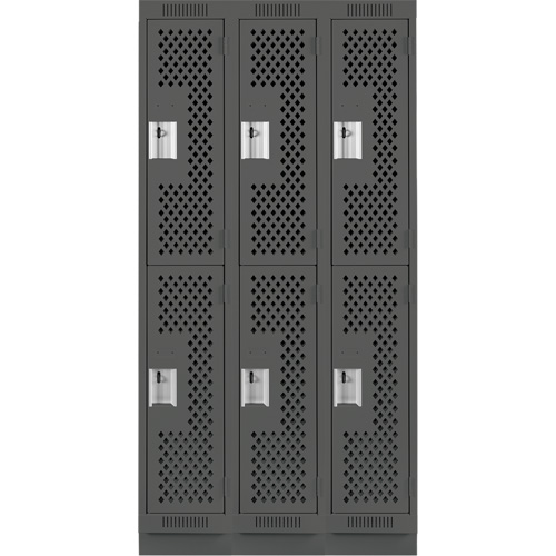 Clean Line Lockers, 2 -tier, Bank of 3, 36" x 12" x 76", Steel, Charcoal, Rivet (Assembled), Perforated Auto-Cam