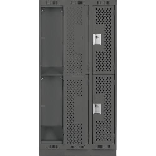 Clean Line Lockers, 2 -tier, Bank of 3, 36" x 12" x 76", Steel, Charcoal, Rivet (Assembled), Perforated Auto-Cam