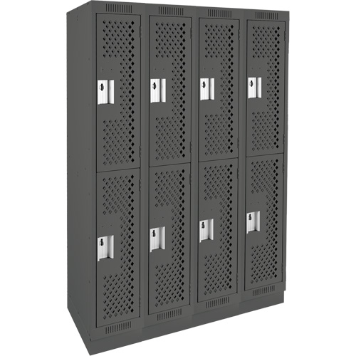 Clean Line Lockers, 2 -tier, Bank of 4, 48" x 12" x 76", Steel, Charcoal, Rivet (Assembled), Perforated Auto-Cam