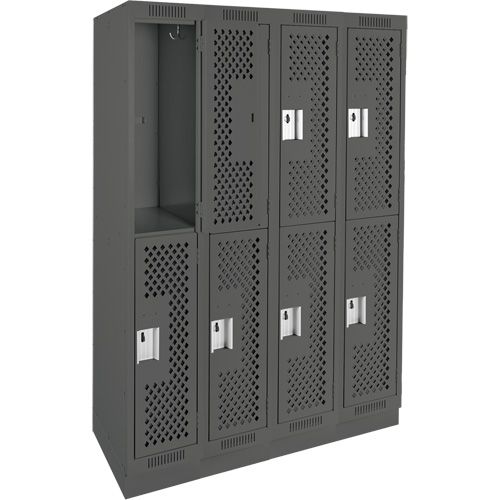 Clean Line Lockers, 2 -tier, Bank of 4, 48" x 12" x 76", Steel, Charcoal, Rivet (Assembled), Perforated Auto-Cam