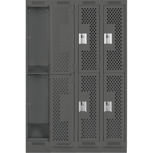 Clean Line Lockers, 2 -tier, Bank of 4, 48" x 12" x 76", Steel, Charcoal, Rivet (Assembled), Perforated Auto-Cam
