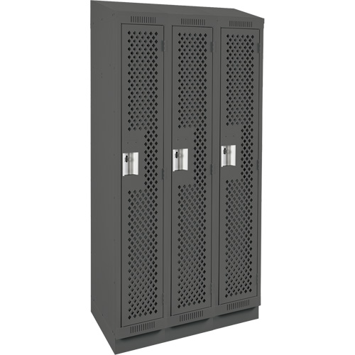 Clean Line Lockers, Bank of 3, 36" x 18" x 82", Steel, Charcoal, Rivet (Assembled), Perforated Auto-Cam