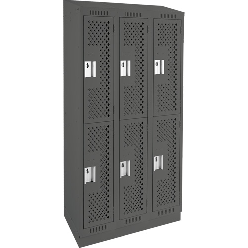 Clean Line Lockers, 2 -tier, Bank of 3, 36" x 12" x 82", Steel, Charcoal, Rivet (Assembled), Perforated Auto-Cam