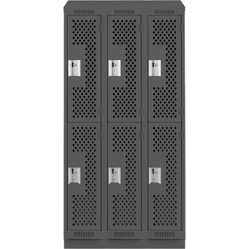 Clean Line Lockers, 2 -tier, Bank of 3, 36" x 12" x 82", Steel, Charcoal, Rivet (Assembled), Perforated Auto-Cam