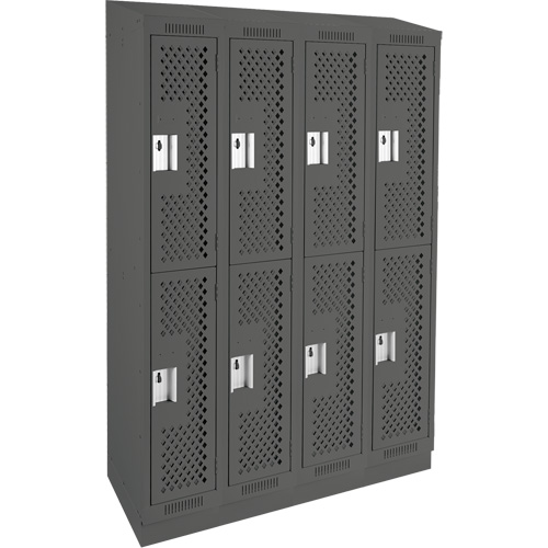 Clean Line Lockers, 2 -tier, Bank of 4, 48" x 12" x 82", Steel, Charcoal, Rivet (Assembled), Perforated Auto-Cam