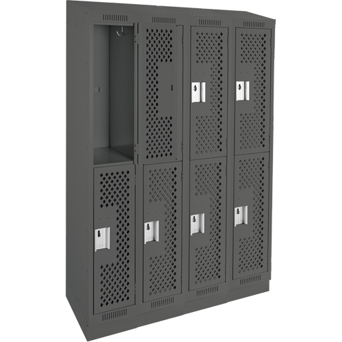 Clean Line Lockers, 2 -tier, Bank of 4, 48" x 12" x 82", Steel, Charcoal, Rivet (Assembled), Perforated Auto-Cam