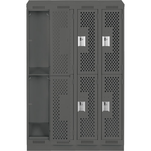 Clean Line Lockers, 2 -tier, Bank of 4, 48" x 12" x 82", Steel, Charcoal, Rivet (Assembled), Perforated Auto-Cam