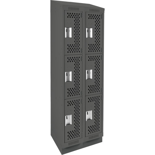 Clean Line Lockers, 3 -tier, Bank of 2, 24" x 18" x 82", Steel, Charcoal, Rivet (Assembled), Perforated Auto-Cam