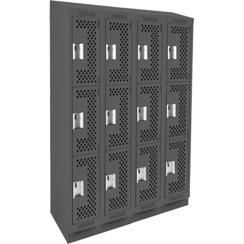 Clean Line Lockers, 3 -tier, Bank of 4, 48" x 18" x 82", Steel, Charcoal, Rivet (Assembled), Perforated Auto-Cam