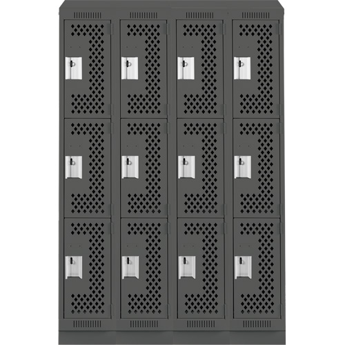 Clean Line Lockers, 3 -tier, Bank of 4, 48" x 18" x 82", Steel, Charcoal, Rivet (Assembled), Perforated Auto-Cam