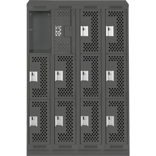Clean Line Lockers, 3 -tier, Bank of 4, 48" x 18" x 82", Steel, Charcoal, Rivet (Assembled), Perforated Auto-Cam