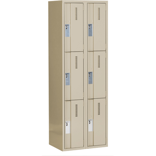 Concorde Heavy-Duty Lockers, 3 -tier, Bank of 2, 24" x 18" x 72", Steel, Beige, Welded (Assembled) Auto-Cam