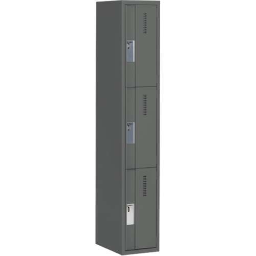 Concorde Heavy-Duty Lockers, 3 -tier, 12" x 18" x 72", Steel, Charcoal, Welded (Assembled) Auto-Cam