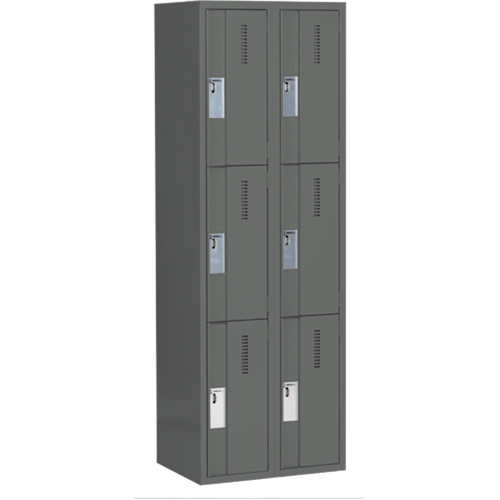 Concorde Heavy-Duty Lockers, 3 -tier, Bank of 2, 24" x 18" x 72", Steel, Charcoal, Welded (Assembled) Auto-Cam