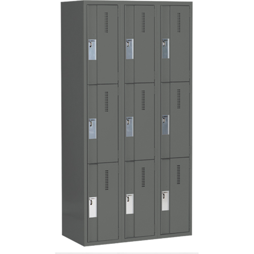 Concorde Heavy-Duty Lockers, 3 -tier, Bank of 3, 36" x 18" x 72", Steel, Charcoal, Welded (Assembled) Auto-Cam