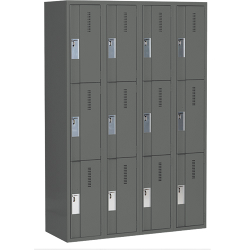 Concorde Heavy-Duty Lockers, 3 -tier, Bank of 4, 48" x 18" x 72", Steel, Charcoal, Welded (Assembled) Auto-Cam