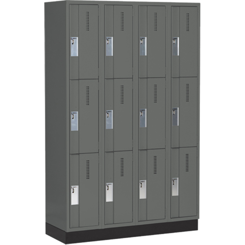Concorde Heavy-Duty Lockers, 3 -tier, Bank of 4, 48" x 18" x 76", Steel, Charcoal, Welded (Assembled) Auto-Cam