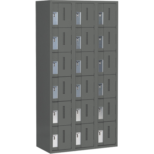 Concorde Heavy-Duty Lockers, 6 -tier, Bank of 3, 36" x 18" x 72", Steel, Charcoal, Welded (Assembled) Auto-Cam