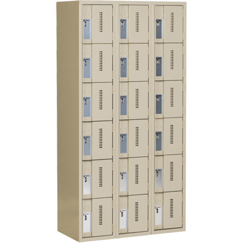 Concorde Heavy-Duty Lockers, 6 -tier, Bank of 3, 36" x 18" x 72", Steel, Beige, Welded (Assembled) Auto-Cam