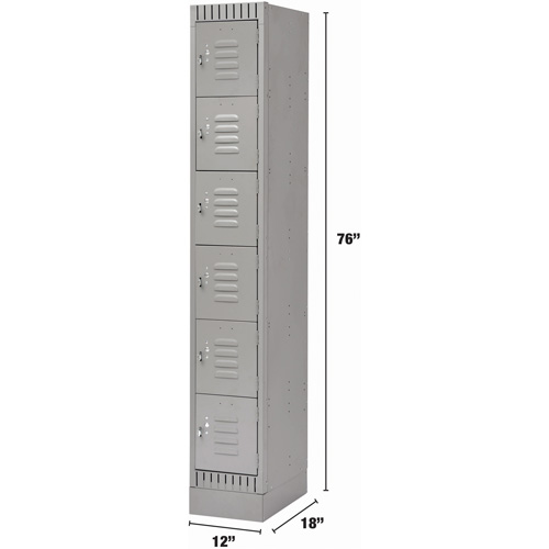 Lockers, 6 -tier, 12" x 18" x 76", Steel, Grey, Knocked Down Auto-Cam