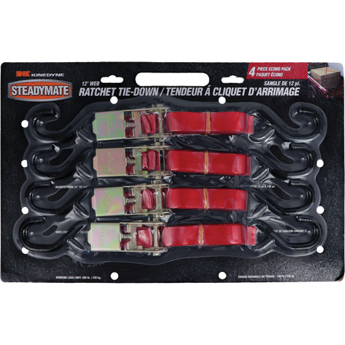 Ratchet Utility Straps, S-Hook, 1" W x 12' L, 500 lbs. (230 kg) Working Load Limit Auto-Cam