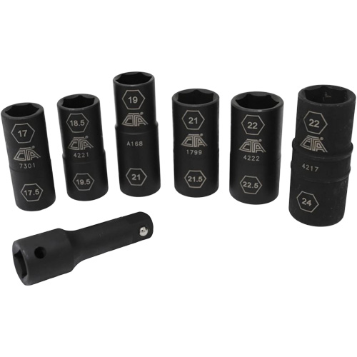 Jeu de demi-douilles r&eacute;versibles m&eacute;triques, 7 Mcx, Chocs, Prise de 1/2", Profond Auto-Cam