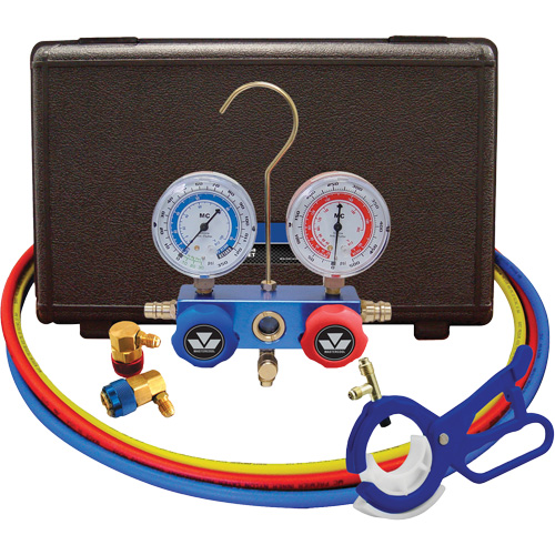 Jeu de manom&egrave;tres collecteurs &agrave; deux voies R134A pour automobile avec coupleurs et robinet perce-canette lat&eacute;rale 3-en-1 Auto-Cam