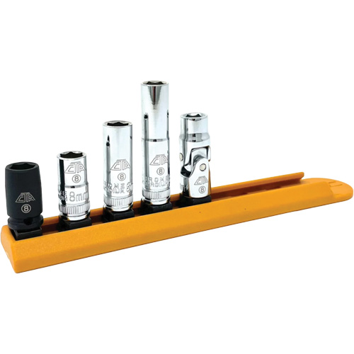 Chrome Finish Socket Set with Rail, 5 Pieces, 1/4" Drive Size Auto-Cam