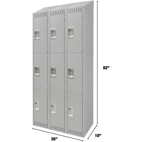 Lockers, 3 -tier, Bank of 3, 36" x 18" x 82", Steel, Grey, Knocked Down Auto-Cam