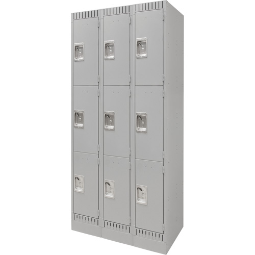 Lockers, 3 -tier, Bank of 3, 36" x 18" x 76", Steel, Grey, Knocked Down Auto-Cam