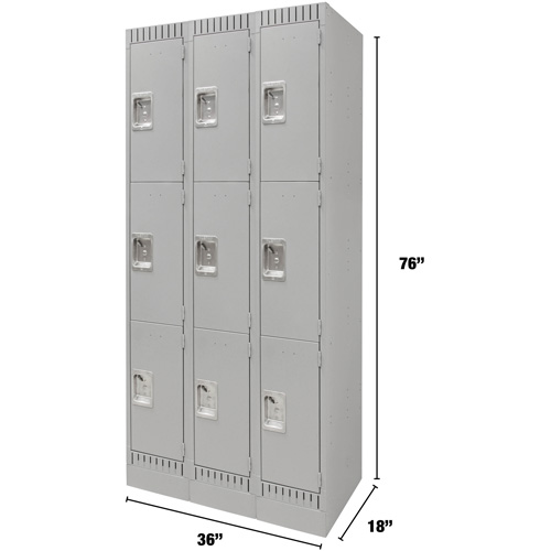 Lockers, 3 -tier, Bank of 3, 36" x 18" x 76", Steel, Grey, Knocked Down Auto-Cam