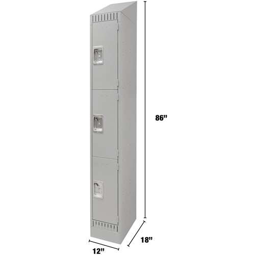 Lockers, 3 -tier, 12" x 18" x 86", Steel, Grey, Knocked Down Auto-Cam