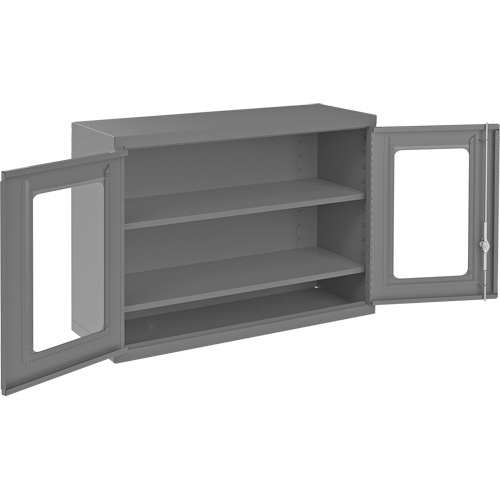 Wall-Mountable Storage Cabinet with Clearview Doors, 26-15/16" H x 35-7/8" W x 13-11/16" D, 2 Shelves, Steel, Grey Auto-Cam