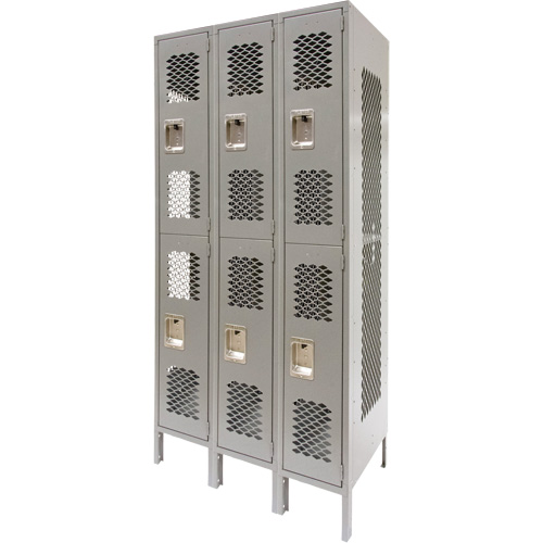 Casiers ventil&eacute;s, 2 niveaux, Bloc de 3, 36" x 18" x 78", Acier, Gris, D&eacute;mont&eacute;, Perfor&eacute; Auto-Cam