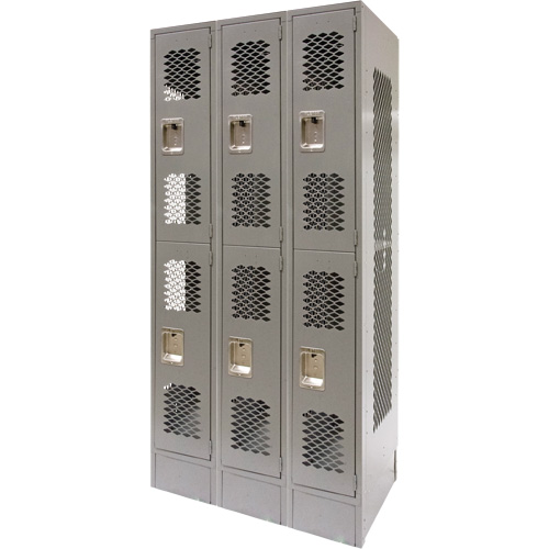 Vented Lockers, 2 -tier, Bank of 3, 36" x 18" x 78", Steel, Grey, Knocked Down, Perforated Auto-Cam