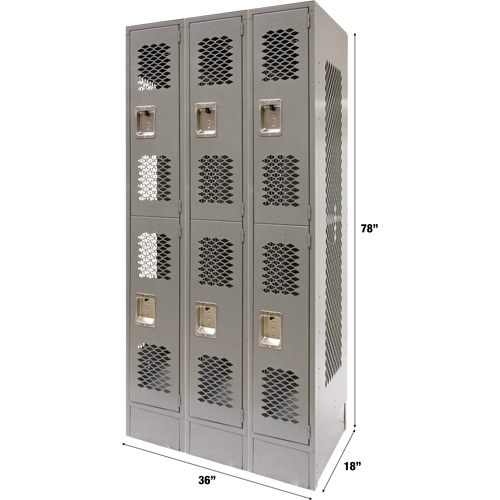 Vented Lockers, 2 -tier, Bank of 3, 36" x 18" x 78", Steel, Grey, Knocked Down, Perforated Auto-Cam