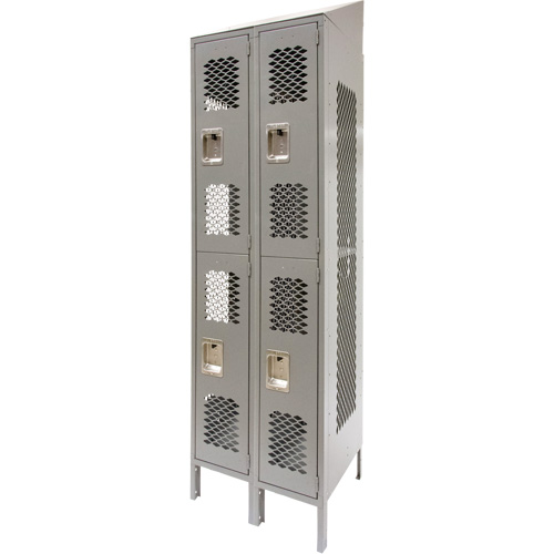 Vented Lockers, 2 -tier, Bank of 2, 24" x 18" x 88", Steel, Grey, Knocked Down, Perforated Auto-Cam