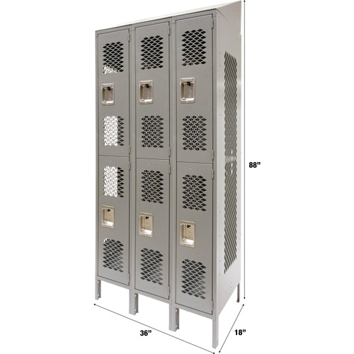 Casiers ventil&eacute;s, 2 niveaux, Bloc de 3, 36" x 18" x 88", Acier, Gris, D&eacute;mont&eacute;, Perfor&eacute; Auto-Cam
