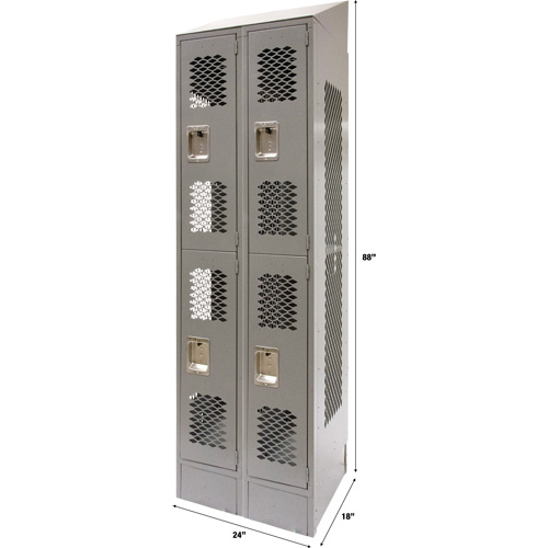 Vented Lockers, 2 -tier, Bank of 2, 24" x 18" x 88", Steel, Grey, Knocked Down, Perforated Auto-Cam