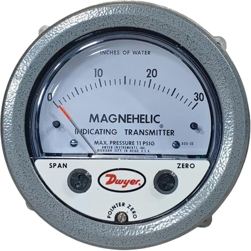 605 Series Magnehelic&reg; Differential Pressure Gauge & Indicating Transmitter, 4" , 0 - 30 in. w.c., Panel Mount, Analogue Auto-Cam