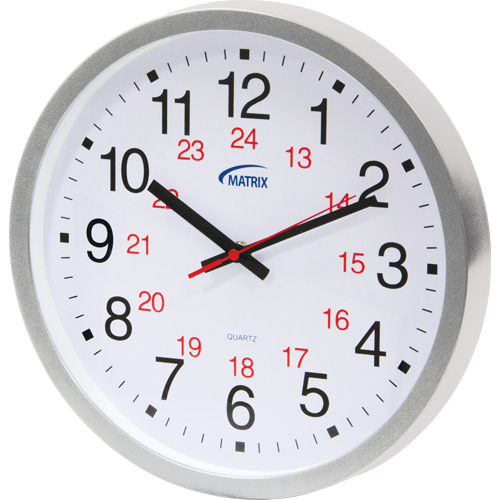 12/24 H Clock, Analog, Battery Operated, 12", Silver Auto-Cam