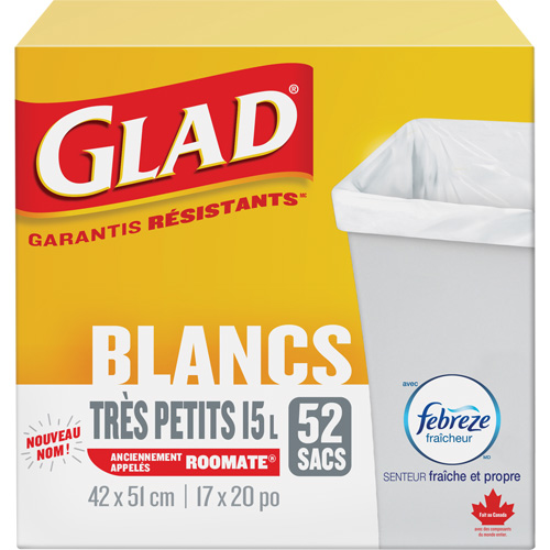 Tr&egrave;s petits sacs &agrave; ordures 15 L avec Febreze, R&eacute;gulier, 17" la x 20" lo, Blanc Auto-Cam