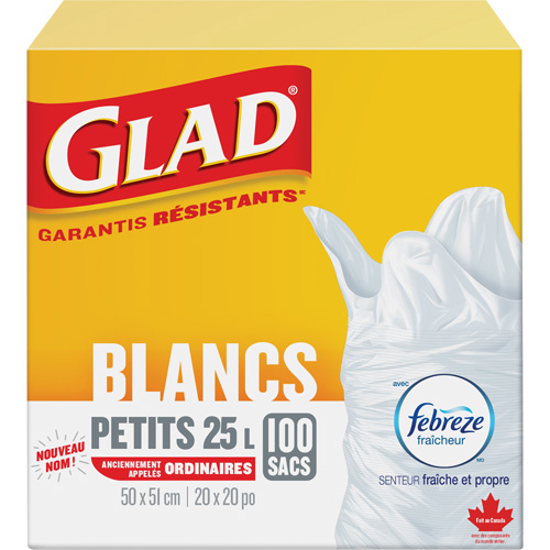 Petits sacs &agrave; ordures 25 L avec Febreze, R&eacute;gulier, 20" la x 20" lo, Blanc Auto-Cam