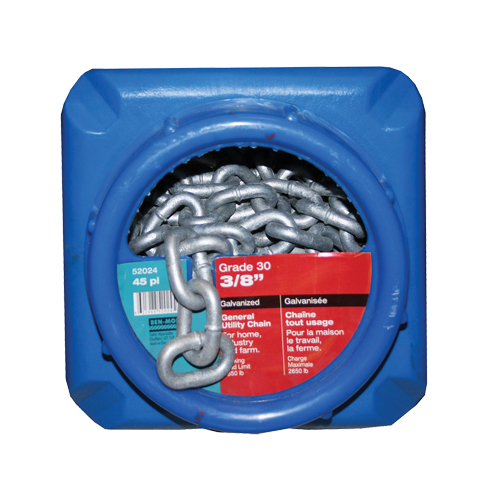 Hot-Dipped Galvanized Chains, Carbon Steel, 3/8" x 45' (13.7 m) L, Grade 30, 2650 lbs. (1.325 tons) Load Capacity Auto-Cam