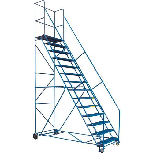 CSA-Certified Rolling Step Ladder with Locking Step, 14 Steps, 30" Step Width, 128" Platform Height, Steel Auto-Cam