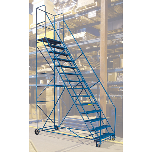 CSA-Certified Rolling Step Ladder with Locking Step, 14 Steps, 30" Step Width, 128" Platform Height, Steel Auto-Cam